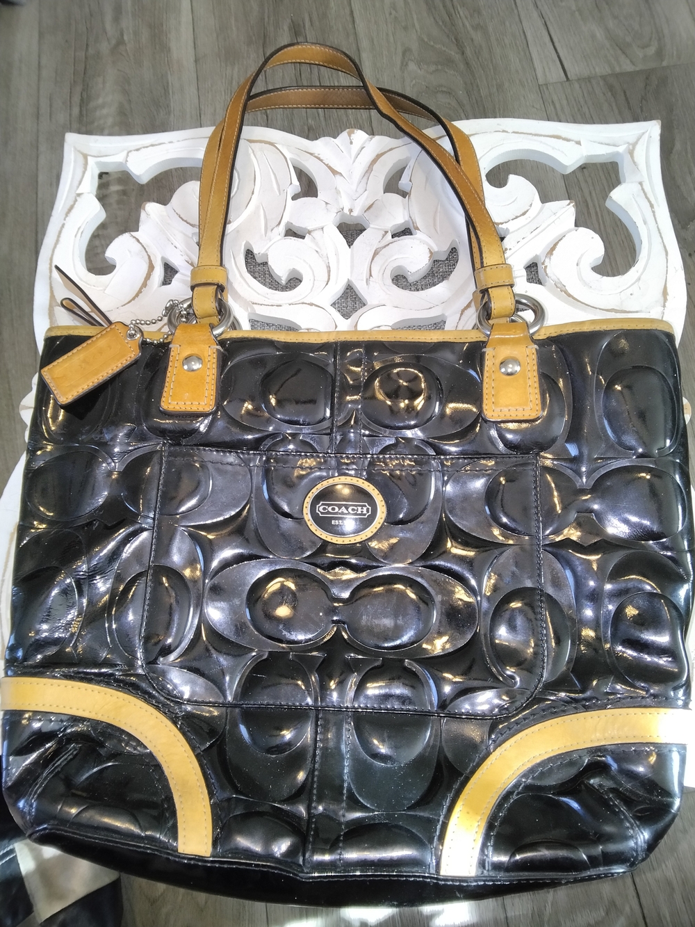 Coach Black Patent Signature Tote with Yellow Trim